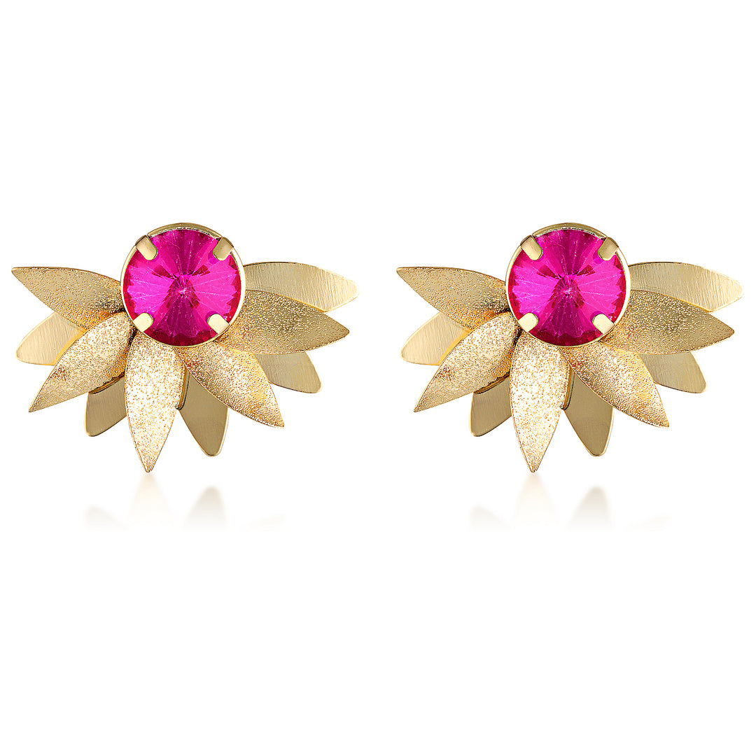 Sage Fuchsia Pink Leaf Crystal Statement Earrings