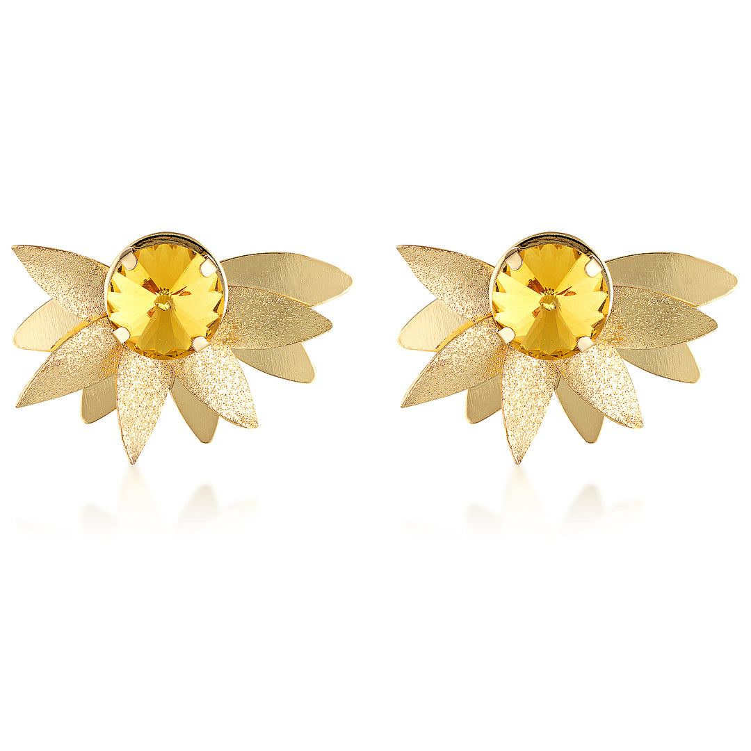 Sage Yellow Leaf Crystal Statement Earrings