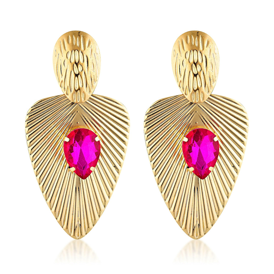 Elise Fuchsia Pink Gold Leaf Crystal Statement Earrings